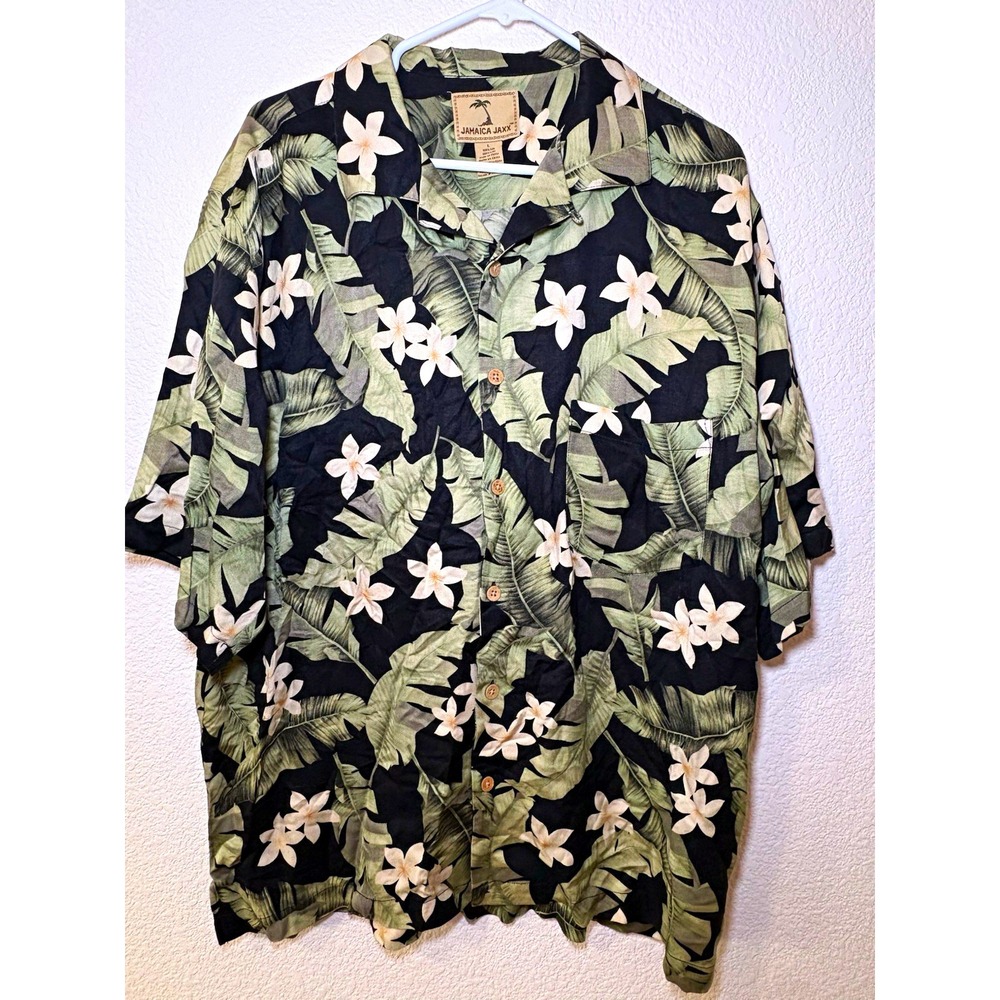 Jamaica Jaxx Mens L Silk Woven Floral Hawaiian Tropical Short Sleeve Button-Up
